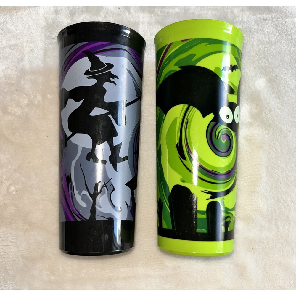 Tupperware Halloween Tumbler Set 2 Witch Bat Haunted House Flip Top Lids Cups